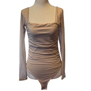 Pinkm Style Ruched Square Neck Long Sleeve Bodysuit Beige‎ Size M